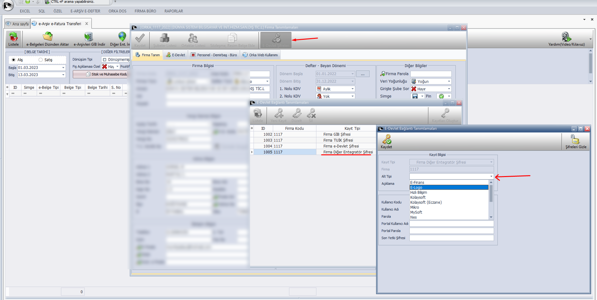 Entegratör Şifreleri Tanımlama